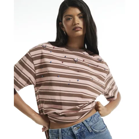 River Island Cotton Diamante Stripe T-Shirt