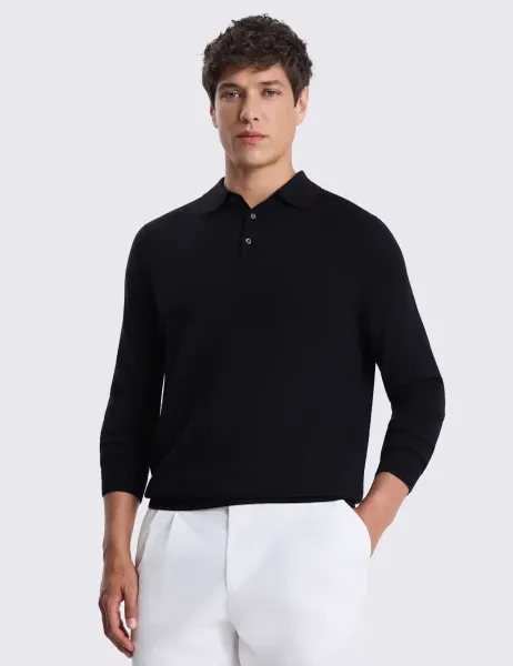 Moss Merino Wool Rich Knitted Polo Shirt Navy