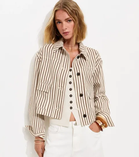 Women's Brown Cotton Striped Shacket