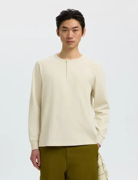 Selected Pure Cotton Jersey Henley Long Sleeve T-Shirt Light Cream