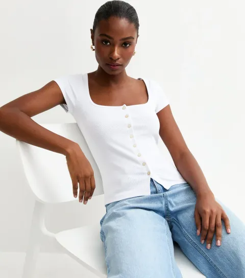 Women's White Square Neck Button Through T-Shirt