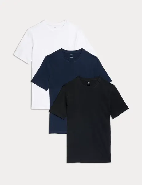 Marks & Spencer 3pk Slim Fit Pure Cotton Crew Neck T-Shirts Navy Mix