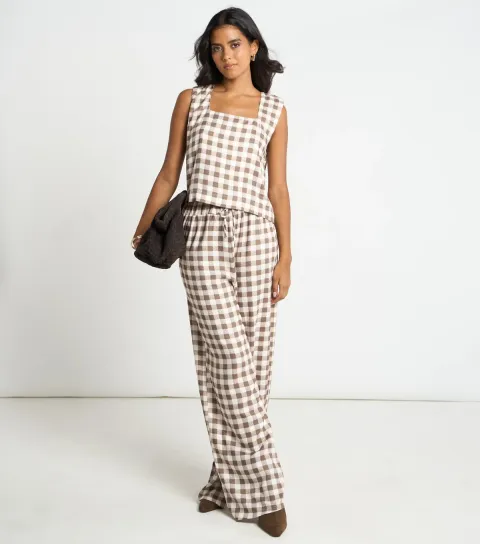 Women's Brown Gingham Wide Leg Trousers