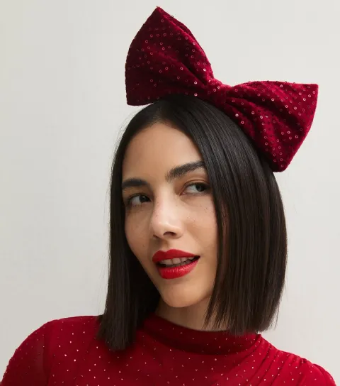 New Look Bright Red Christmas Sequin Embellished Bow Headband