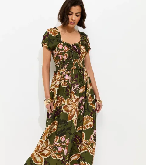Women's Green Paisley Pattern Shirred Waist Midi Dress