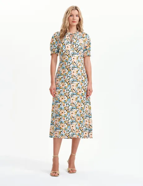 Finery London Floral Tie Neck Midi Wasited Dress Orange Mix