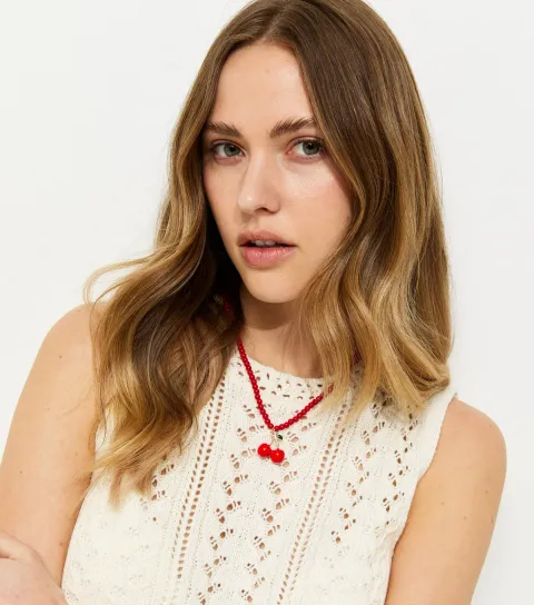 Bright Red Beaded Cherry Pendant Necklace