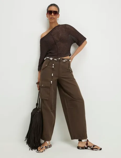 River Island Barrel Leg Cargo Trousers Dark Khaki