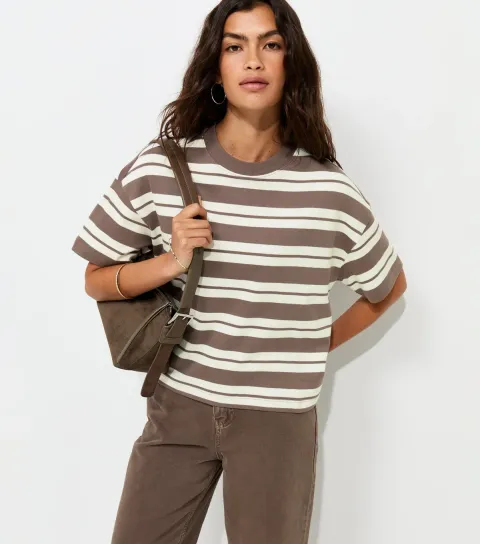 Women's Premium Brown Cotton Striped Boxy Fit T-Shirt