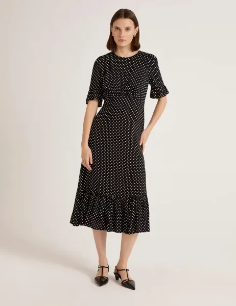 Finery London Polka Dot Round Neck Midi Tea Dress Black Mix