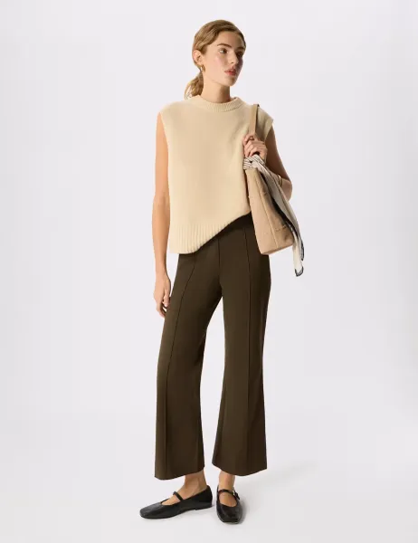 Whistles Cotton Rich Pintuck Flared Trousers Khaki