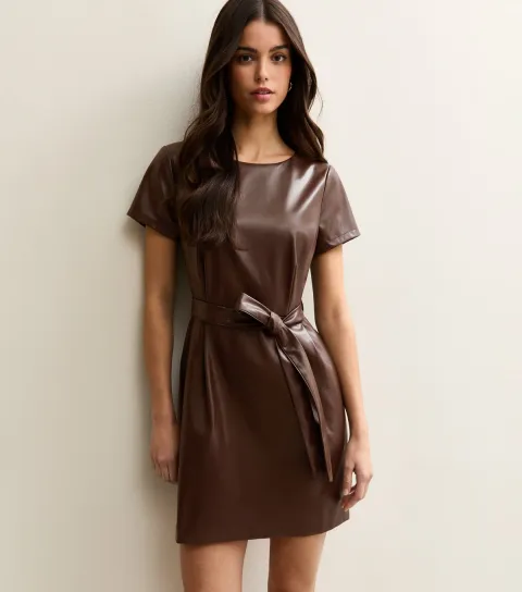 Women's Dark Brown Faux Leather Belted Mini Dress