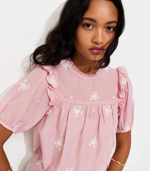 Women's Pink Floral Embroidered Puff Sleeve Blouse