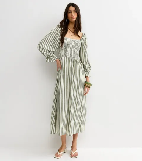 Women's Green Striped Shirred Puff Sleeve Midi Dress