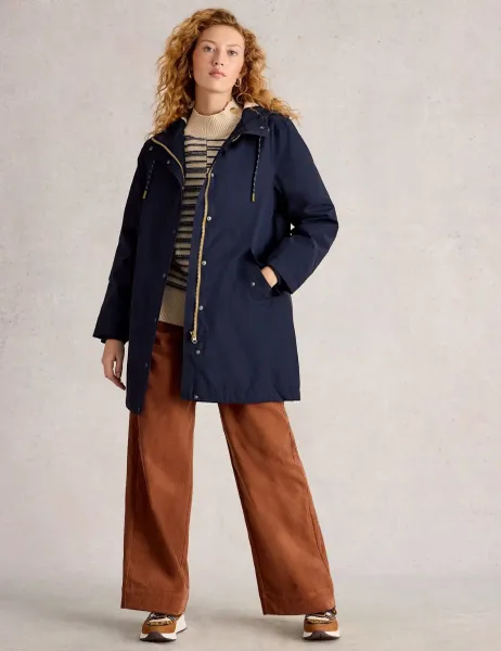White Stuff Cotton Rich Hooded Relaxed Raincoat Navy