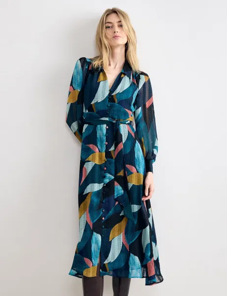 Phase Eight Petal Print Belted Midi Shirt Dress Multi