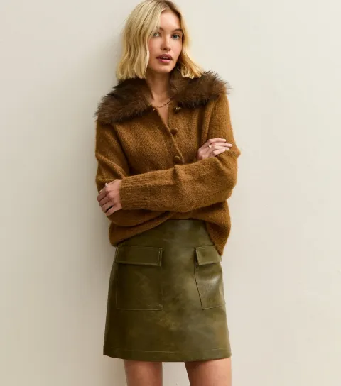 Women's Dark Khaki Faux Leather Cargo Mini Skirt