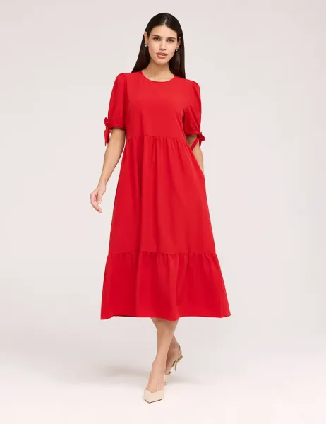 Crepe Tie Detail Tiered Midi Dress Red
