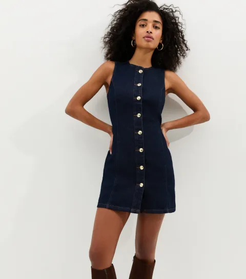 Women's Indigo Wash Button Up Sleeveless Mini Dress
