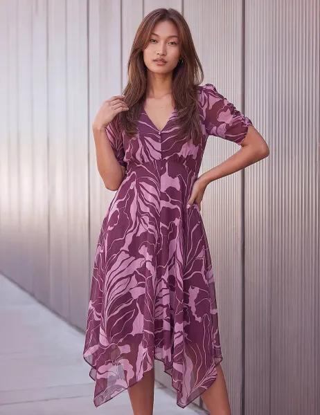 Roman Hanky Hem Knee Length Dress Plum