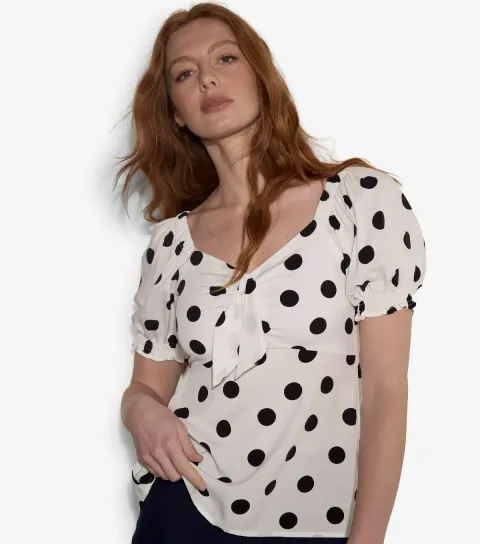 Women's White Polka Dot Puff Sleeve Milkmaid Top