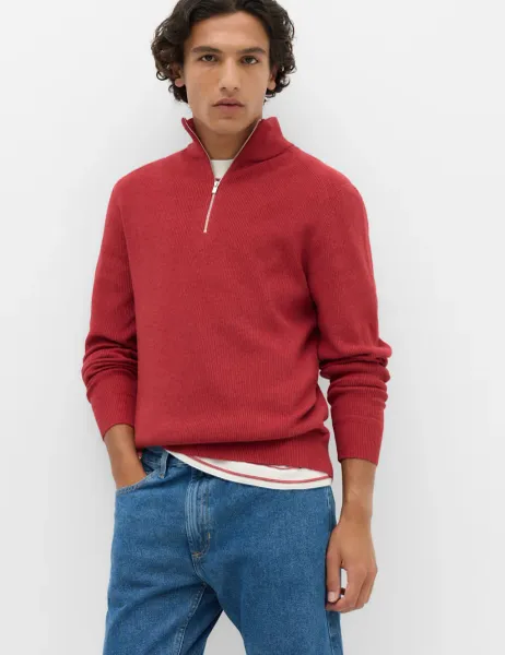 Marks & Spencer Cotton Blend Ribbed Half Zip Jumper Medium Red