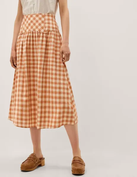Monsoon Pure Cotton Gingham Midi A-Line Skirt Orange Mix