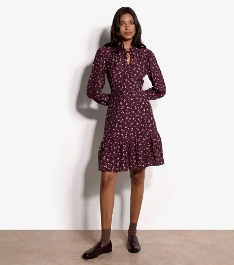 Women's Dark Burgundy Daisy Print Long Sleeve Dress