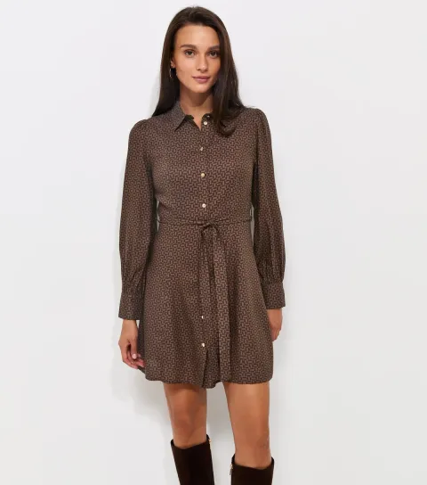 Women's Brown Geometric Print Belted Mini Shirt Dress