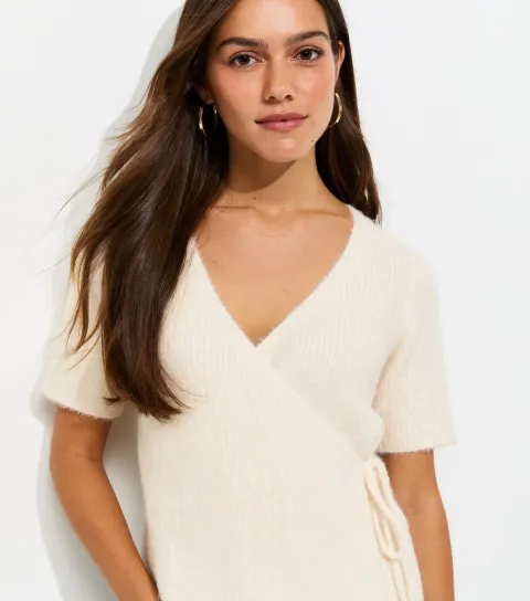 New Look Women's Petite Oatmeal Short Sleeve Fluffy Wrap Jumper