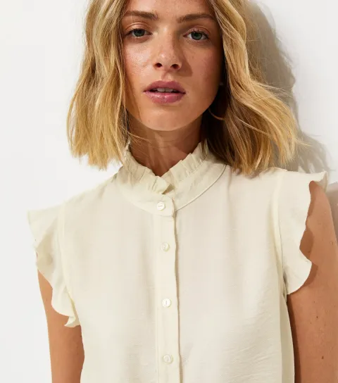 Women's Cream Frilly Cap Sleeve Shirt