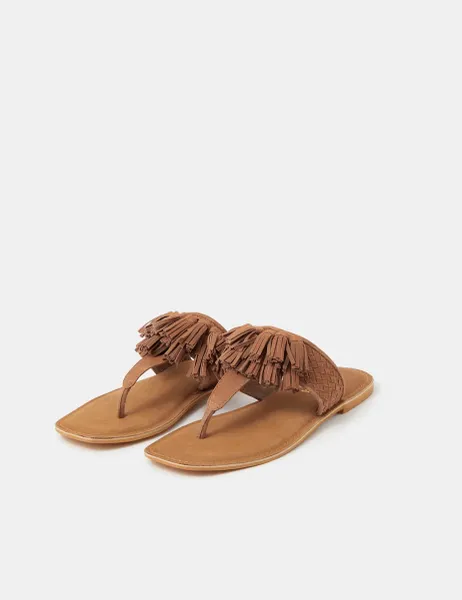 Accessorize Suede Fringe Toe Thong Sandals Tan