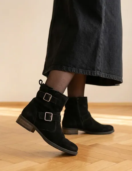 Jones Bootmaker Suede Buckle Block Heel Ankle Boots Black