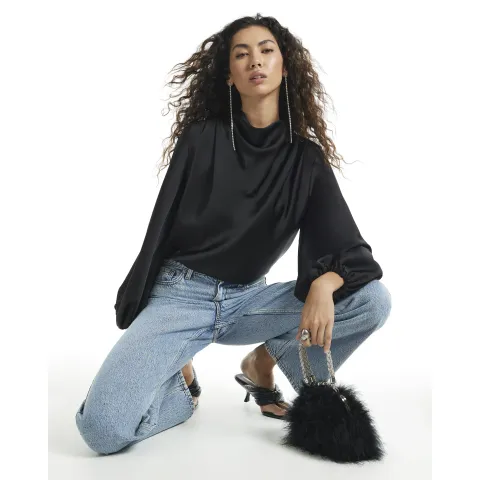 River Island Satin Cowl Neck Long Sleeve Blouse