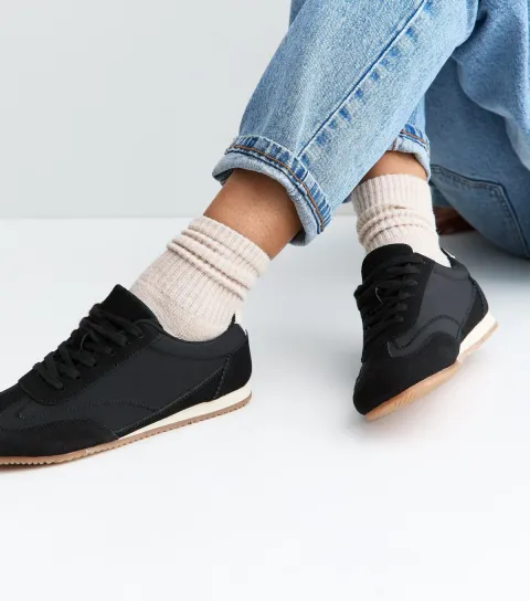 Women's Black Faux Brushed Leather Panelled Jogger Trainers Vegan