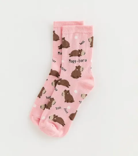 Pink Capybara Patterned Ankle Socks