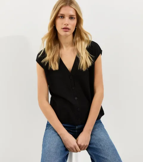 Women's Black Soft Touch Button Up V-Neck Top