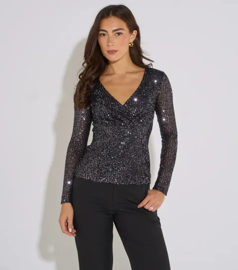 Women's Gunmetal Long Sleeve Sequin Embellished Top