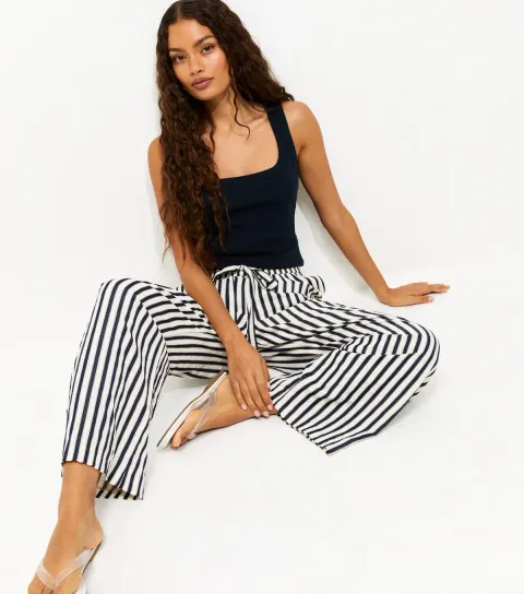 New Look Women's Petite Blue Striped Drawstring Wide Leg Trousers