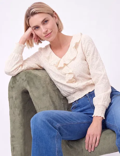 Roman Textured Frill Detail Top Cream