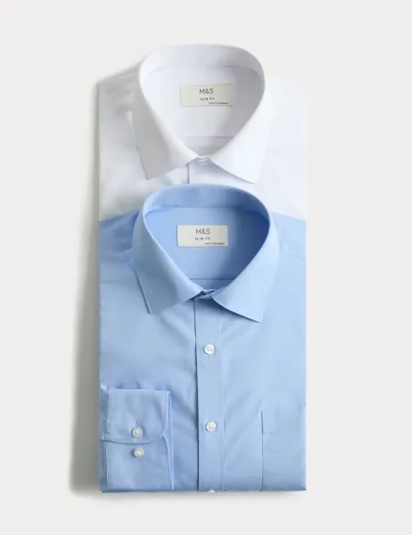 Marks & Spencer 2 Pack Slim Fit Easy Iron Cotton Blend Shirts White/Med Blue
