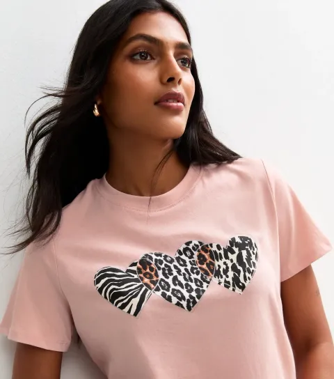 Women's Pale Pink Patterned Heart Print T-Shirt