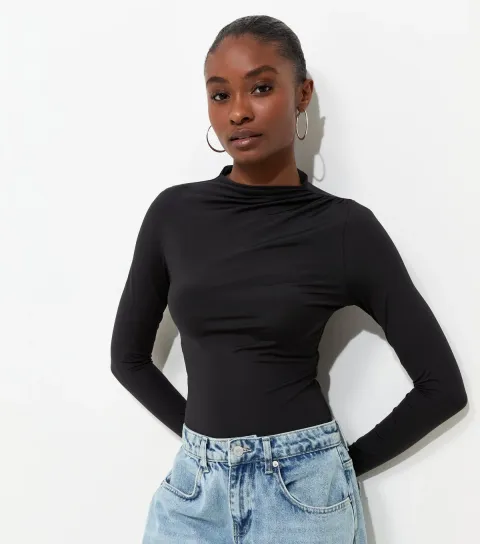 Women's Black Slinky Draped High Neck Long Sleeve Bodysuit