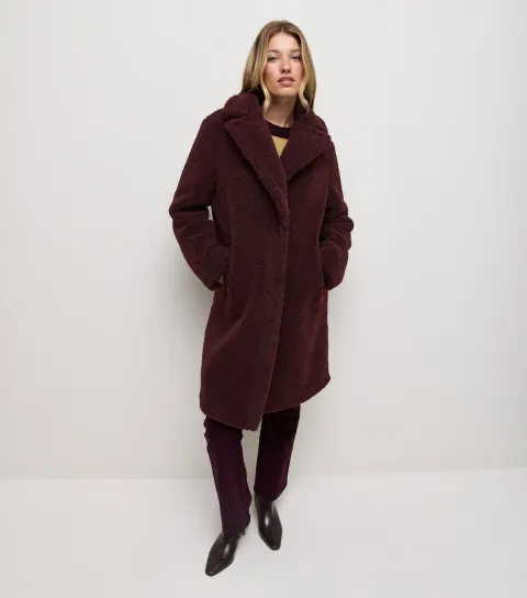 New Look Women's Dark Burgundy Collared Borg Midi Coat