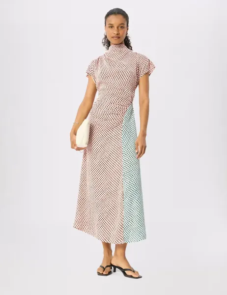 Whistles Geometric Checked Cowl Neck Midi Column Dress Pink Mix