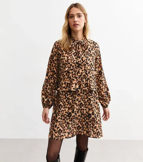 New Look Women's Brown Leopard Print Pussybow Mini Dress