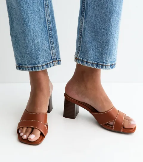 Women's Brown Faux Leather Contrast Stitch Mules