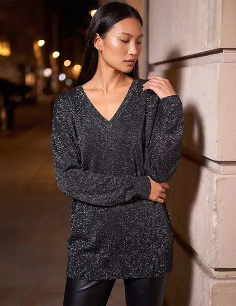 Roman Rayon Rich Metallic V Neck Blouson Sleeve Relaxed Jumper Black Mix