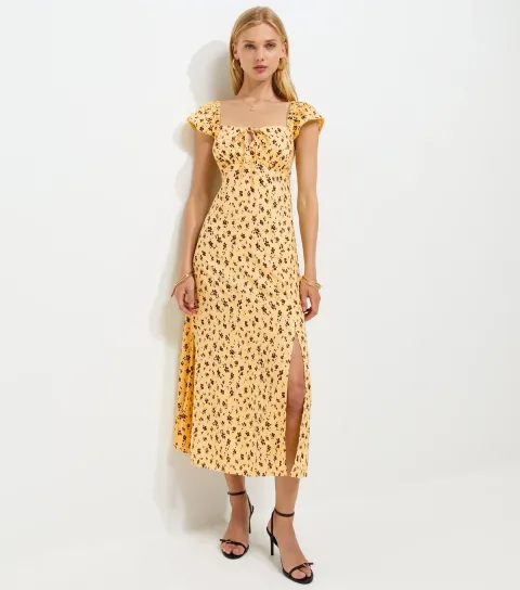New Look Women's Blue Ditsy Print Lace Trim Square Neck Midi Dress
