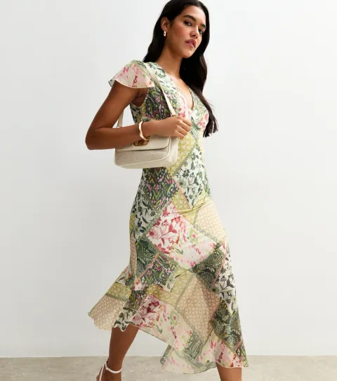 Women's Multicoloured Patchwork Print V-Neck Midi Dress